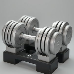 Flux_Dev_Two_metallic_adjustable_dumbbells_with_knurled_handle_0 Adjustable Dumbbell Set (5–50 lb)